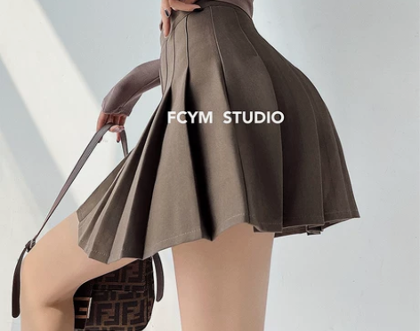 美式复古高腰咖色百褶裙女夏学院风少女防走光...