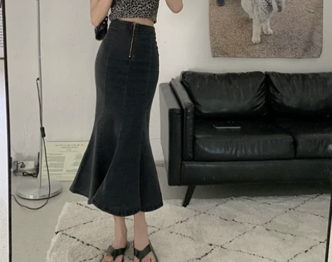 鱼尾裙牛仔半身裙女秋冬2021新款小个子黑...