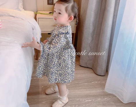 Domi kids女童蓝色长袖碎花连衣裙女...