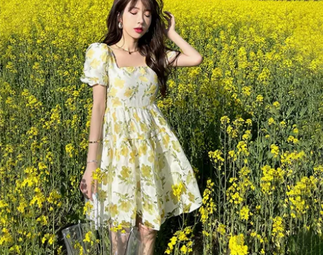 【55价】黄色碎花温柔风甜美法式初恋气质方...
