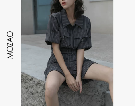 MZ竖条纹工装连体裤女2021春秋新款小个...