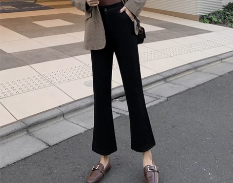 黑色微喇西装裤女高腰150矮小个子八分显高...