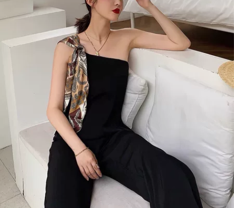 闲置，拼接丝巾单肩吊带连体裤女露背性感阔腿...