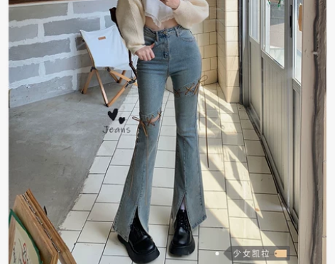 高腰绑带牛仔裤女2022夏季新款美式辣妹开...