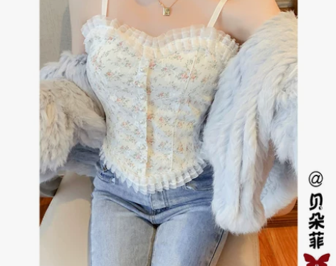 早春纯欲碎花小吊带背心女外穿辣妹性感蕾丝鱼...