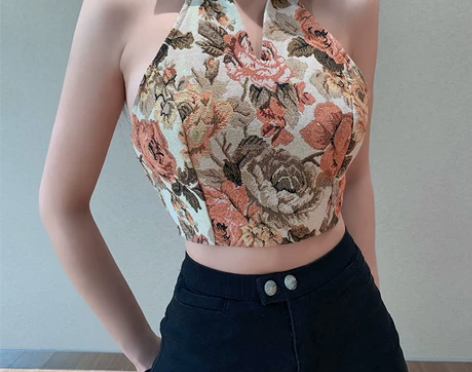 instahot 复古印花挂脖背心女202...