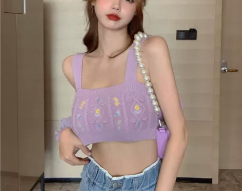 紫色绣花短款针织上衣女装夏季外穿无袖露肩背...