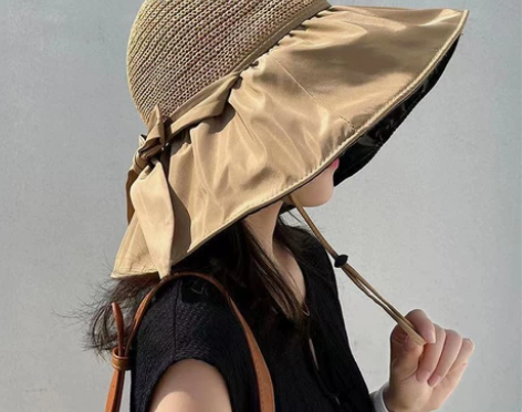 黑胶沙滩帽遮阳帽女夏季镂空草帽紫外线大檐遮...