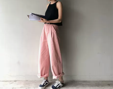 荒荒自制原创复古时髦宽松粉色夏季薄款工装裤...