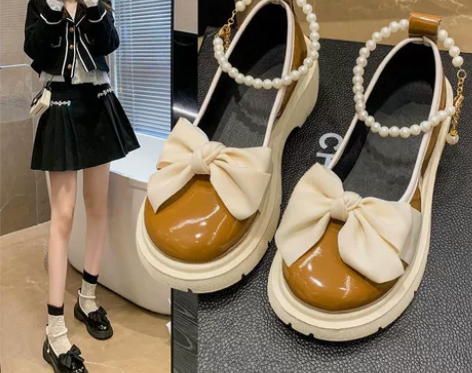 蝴蝶结小皮鞋女2022新款百搭厚底配裙子J...
