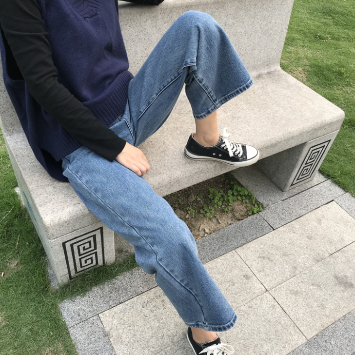 香港潮牌 高腰阔腿微喇九分牛仔裤