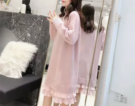 秋冬新款中长款法式拼接针织连衣裙2022春...
