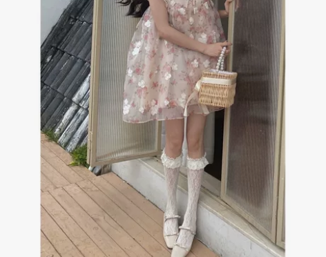 仙女公主裙夏季女学生蝴蝶结飞飞袖玫瑰碎花小...