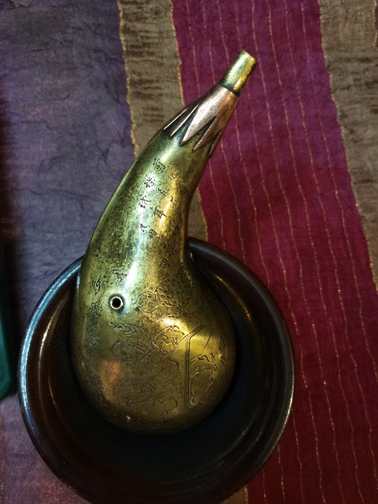 文房用具 手工刻人物诗句老铜水滴  品相尺...