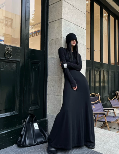 懒人出门系列 秋冬高个子福音黑色长款弹力针...