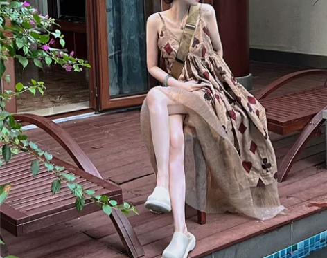 港风复古吊带V领无袖拼接爱心印花度假长裙女...