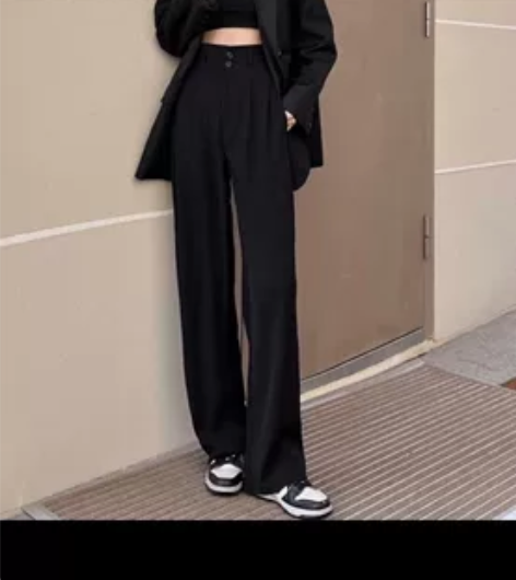 双扣拖地裤薄款春夏秋季黑色拖地女西装裤 黑...
