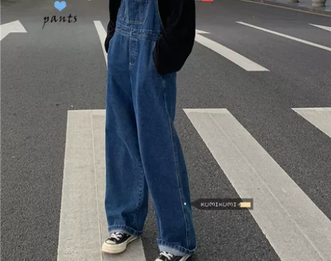 牛仔背带裤显瘦直筒拖地休闲阔腿长裤，家里牛...