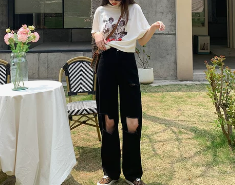 DTFT乞丐破洞牛仔裤女2021年新款高腰...