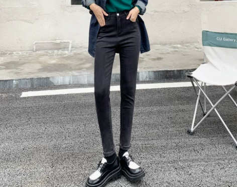 卡希琳烟灰色牛仔裤女高腰紧身小脚裤显瘦九分...
