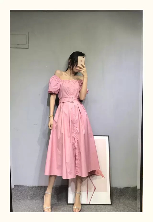 女装法式方领两穿泡泡袖中长款连衣裙单排扣素...