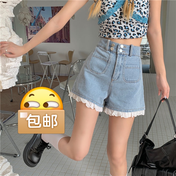 浅蓝色蕾丝拼接牛仔裤