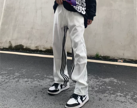 美式条纹拼接加绒运动裤男ins潮牌直筒宽松...