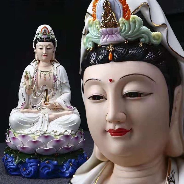 白瓷观音菩萨像 坐莲笑脸观音佛像 居家供奉...