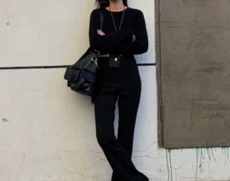 松本可可SBKK开衩阔腿喇叭裤女高腰垂感显...