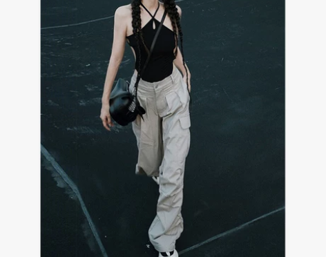 美式直筒工装裤女夏季嘻哈hiphop裤子直...
