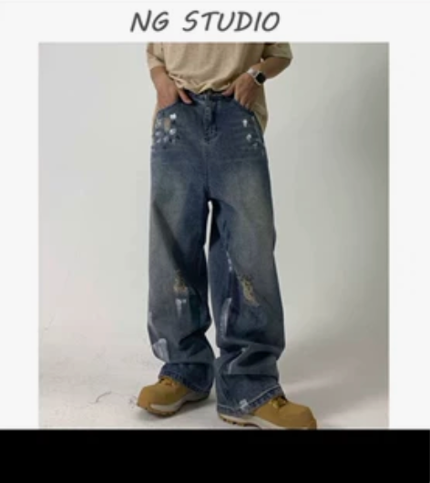 牛仔裤 tb买的 水洗复古做旧直筒宽松牛仔...