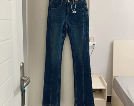 薄款开叉直筒牛仔裤女2022年新款高腰双扣...