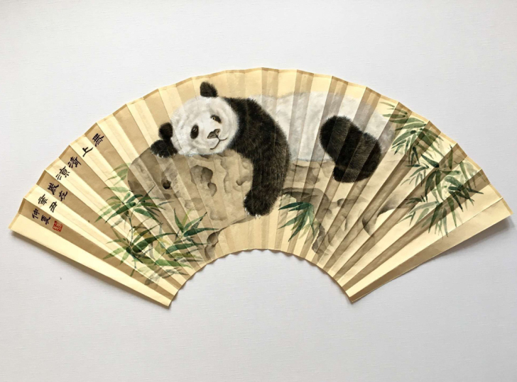 清雅老师作品 湖石熊猫 仿古扇面