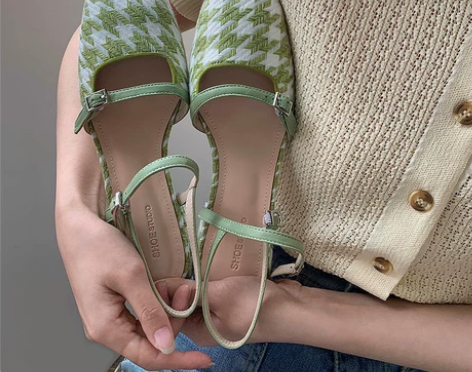 千鸟格方头粗跟玛丽珍单鞋2022夏新款真皮...