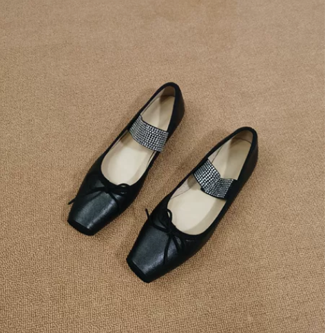 全新！37码牛皮芭蕾舞鞋方头平底蝴蝶结单鞋...