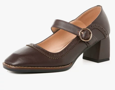 2020新款方头玛丽珍鞋女文艺复古布洛克雕...