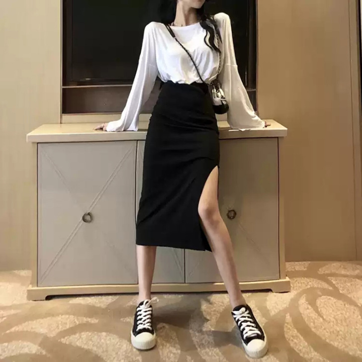 黑色不规则半身裙女包臀a字高腰开叉中长裙子...