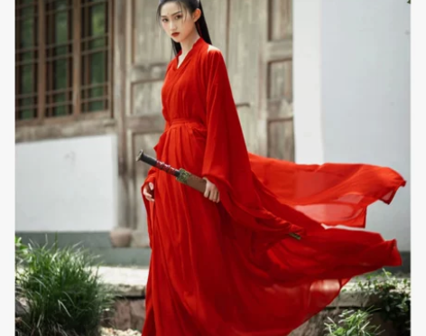 红色魏晋汉服女仙气飘逸古风武侠中国风古装交...