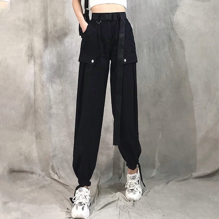 束脚工装裤女夏季薄款显瘦高腰黑色裤子女小个...