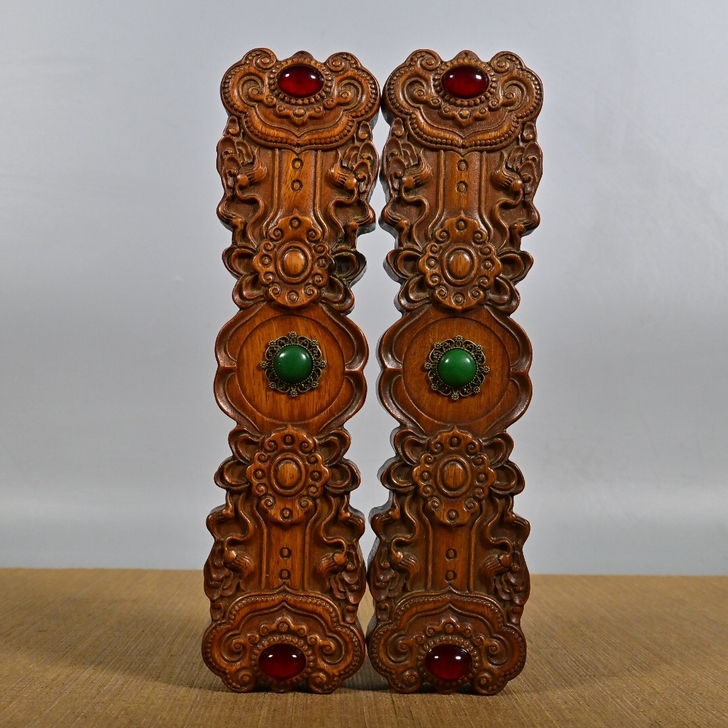 古玩收藏花梨木镶宝石镇纸镇尺一对，长26厘...