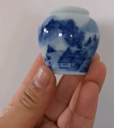 青花山水腰鼓盖置 景德镇纯手工手绘仿古盖置...