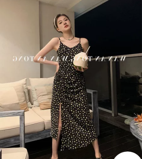 法式复古气质开叉吊带碎花连衣裙高级感女春季...