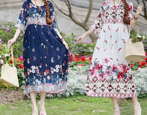 田园民族风印花棉绸连衣裙女春夏季大码宽松文...