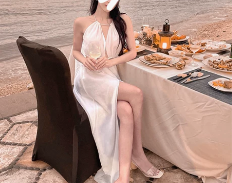 美誉严选白色超仙性感镂空露腰长裙设计感海边...