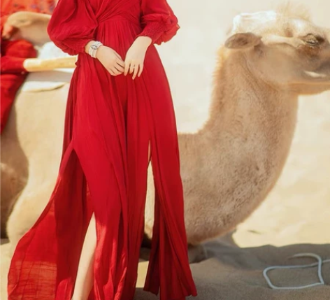 云南青海湖沙漠拍照长裙民族风红色连衣裙西藏...
