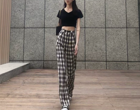 2021春夏高腰显瘦大格子阔腿裤女宽松直筒...