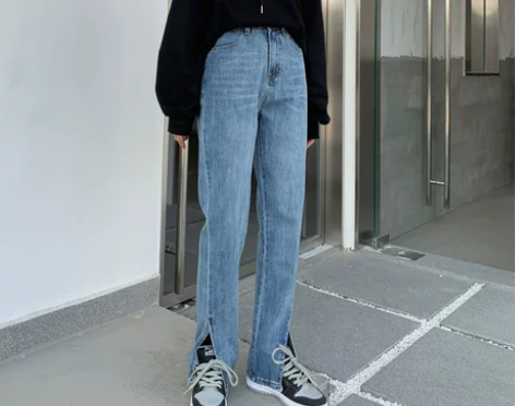 【狂欢价】前开叉牛仔裤女2021年新款高腰...