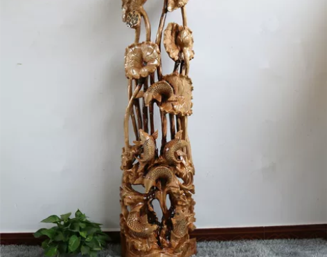 根雕香樟木实木年年有鱼摆件荷花鱼木雕动物