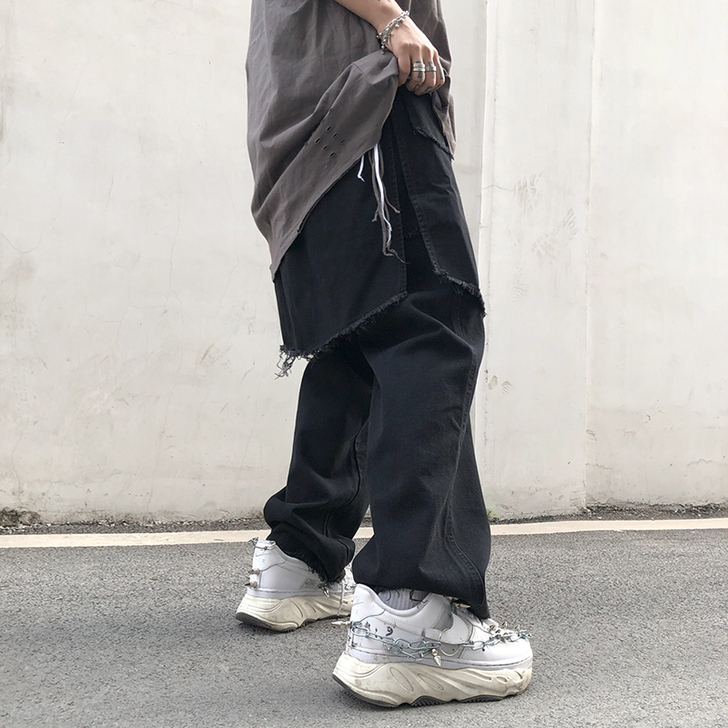 高街拼接牛仔裤男潮牌街头潮流嘻哈直筒bf宽...