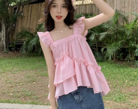 甜美粉色格子娃娃衫蓬蓬吊带背心女夏外穿设计...